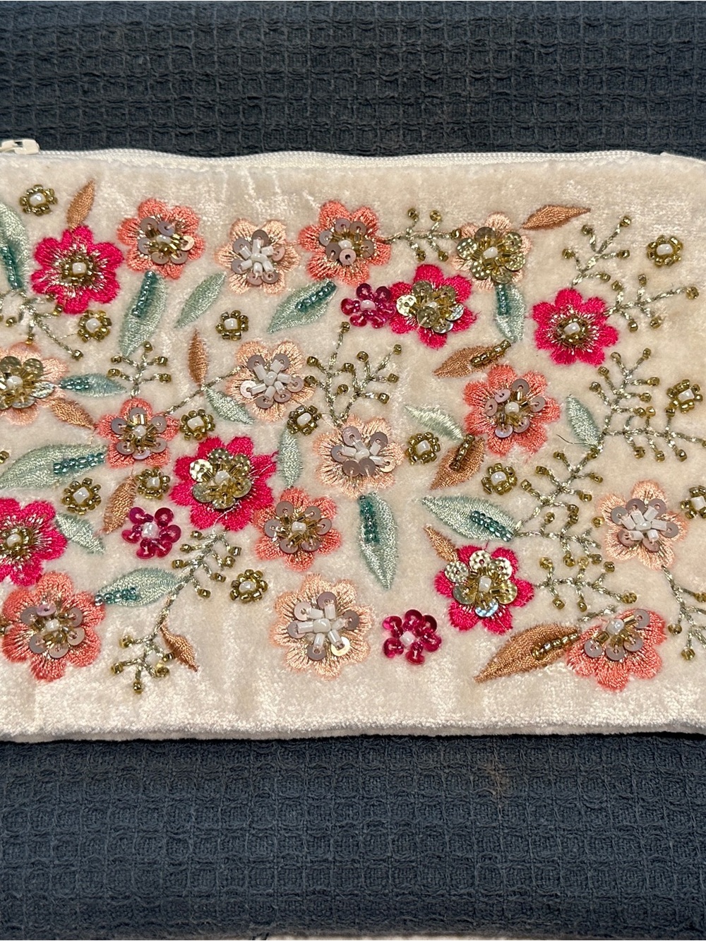 Embroidered Floral Velvet Clutch - Cream & Pink